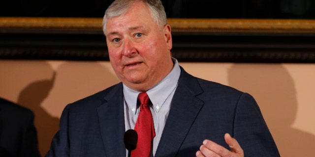This March 5, 2019 file photo shows Ohio House speaker Larry Householder speaking in Columbus, Ohio. FBI agents were at the farm of Householder on Tuesday morning, hours ahead of a planned announcement of a $60 million bribe investigation by federal prosecutors. (AP Photo/Paul Vernon, File)