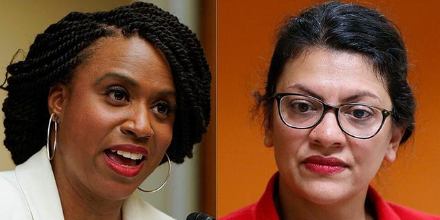 Reps. Ayanna Pressley of Massachusetts, left, and <a data-cke-saved-href="https://www.foxnews.com/category/person/rashida-tlaib" href="https://www.foxnews.com/category/person/rashida-tlaib">Rashida Tlaib</a> of Michigan, right, unveiled a bill Tuesday that would slash funds for police departments and establish a reparations program for African-Americans and those harmed by the police and criminal justice system. 