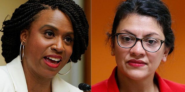 Reps. Ayanna Pressley of Massachusetts, left, and <a data-cke-saved-href="https://www.foxnews.com/category/person/rashida-tlaib" href="https://www.foxnews.com/category/person/rashida-tlaib">Rashida Tlaib</a> of Michigan, right, unveiled a bill Tuesday that would slash funds for police departments and establish a reparations program for African-Americans and those harmed by the police and criminal justice system.