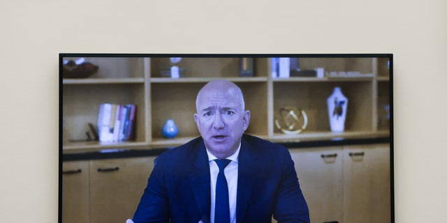 Amazon CEO Jeff Bezos testifies via video conference during the House Judiciary Subcommittee on Antitrust, Commercial and Administrative Law hearing on Online Platforms and Market Power in the Rayburn House office Building, July 29, 2020 on Capitol Hill in Washington, DC.