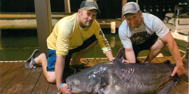 Joey Baird (pictured right) and friend Mark Conroy (pictured left) with Baird's 121-pound, 9-ounce blue catfish.