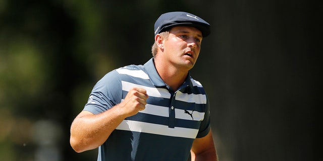 Bryson DeChambeau pumps his fist after a birdie putt on the 10th green during the final round of the Rocket Mortgage Classic golf tournament, Sunday, July 5, 2020, at Detroit Golf Club in Detroit. (AP Photo/Carlos Osorio)