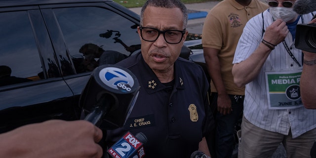 The Chief of Detroit Police James Craig speaks with the press about the protests taking place in Detroit, Michigan, June 3,2020 (Photo by SETH HERALD / AFP) (Photo by SETH HERALD/AFP via Getty Images)