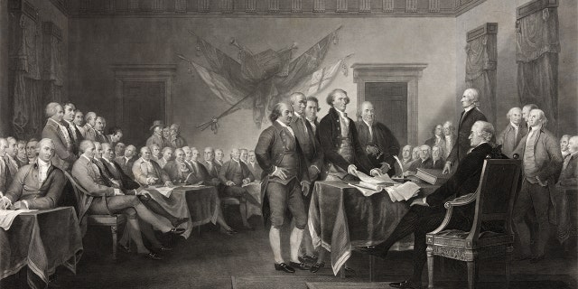 This vintage image features the Signing of the Declaration of Independence.