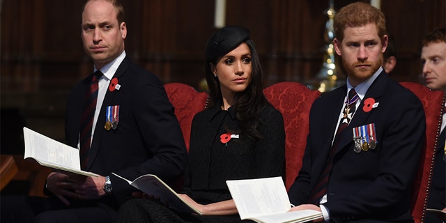 Prince William, Duke of Cambridge, Meghan Markle and Prince Harry attend an Anzac Day service at Westminster Abbey on April 25, 2018, in London, England. 