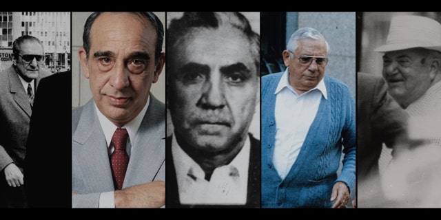 New York City crime family bosses from left to right; Carlo Gambino, Joseph Colombo, Joe Bonanno (formerly Maranzano), Tommy Lucchese (formerly Gagliano) and Vito Genovese (formerly Luciano).