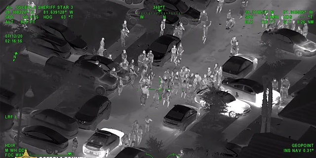 Screenshot from overhead footage of supposed 'COVID-19' party showing police arriving to disperse the party. 