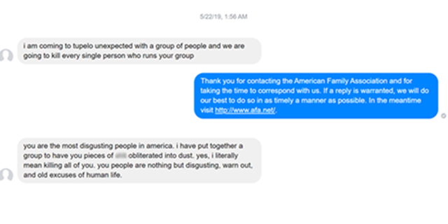 American Family Association in Tupelo, MIss., received two threatening messages from Chase Davis, 21, of Pompano Beach, Fl., on Facebook Messenger.