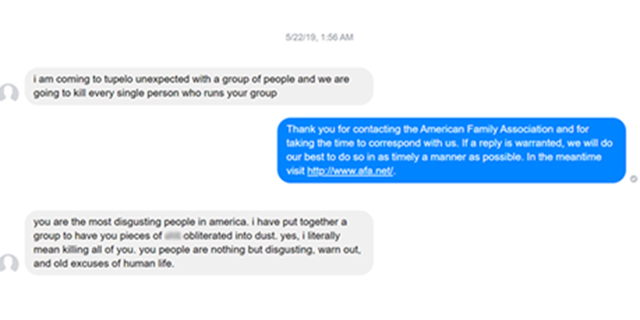 American Family Association in Tupelo, MIss., received two threatening messages from Chase Davis, 21, of Pompano Beach, Fl., on Facebook Messenger.