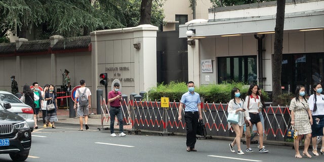 CHENGDU, CHINA - JULY 23: People walk by the US Consulate-General in Chengdu on July 23, 2020 in Chengdu, Sichuan Province of China. (Photo by VCG via Getty Images)
