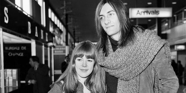 Jenny Boyd pictured with Mick Fleetwood at Heathrow. February 1970.