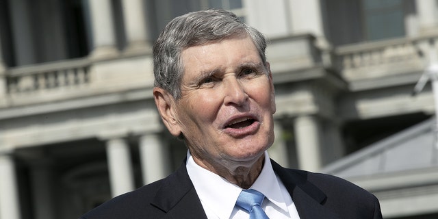 Jim Ryun, former Republican Representative from Kansas, speaks during a television interview outside the White House in Washington D.C., U.S. on Friday, July 24, 2020. Ryun, a three-time Olympian, will receive the Presidential Medal of Freedom from President Donald Trump today. Photographer: Stefani Reynolds/Bloomberg via Getty Images