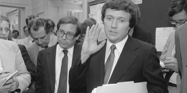 In this 1980 photo, then-Rep. Michael Myers, D-Pa. speaks to reporters at the Capitol after he was expelled from Congress by fellow house members for taking a bribe in the FBI Abscam case.
