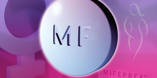 Illustration of a Mifeprex (mifeprifestone) pill, also known as the RU-486 abortion pill, with the female symbol and a figure of a woman in the background. 