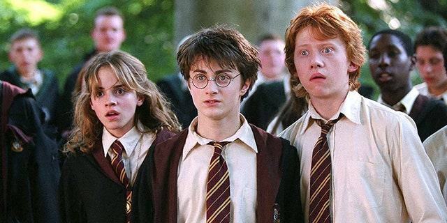 Left to right, actors Emma Watson as Hermione Granger, Daniel Radcliffe as Harry Potter and Rupert Grint as Ron Weasley in the "Harry Potter" film franchise, based on the popular book series by J.K. Rowling.