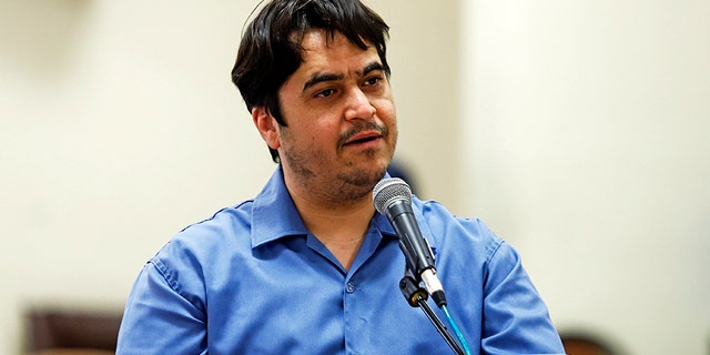 Iranian journalist Ruhollah Zam speaks during his trial at the Revolutionary Court, in Tehran, Iran, June 2, 2020. (Associated Press)