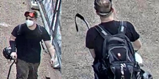 A screengrab of surveillance camera footage of Jason Charter, who the FBI accuses of destruction of federal property related to damage to monuments.