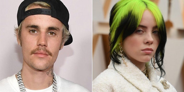 Billie Eilish (right) apparently had a childhood obsession with the music of Justin Bieber (left), which prompted her parents to consider sending her to therapy, according to Eilish's mom.