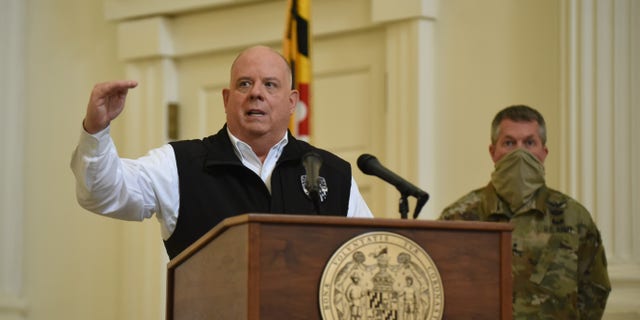 Maryland Gov. Larry Hogan delivers a briefing on the coronavirus pandemic, in Annapolis, Maryland