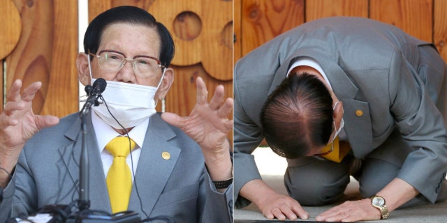 Lee Man-hee, a leader of Shincheonji Church of Jesus, bows during the press conference in Gapyeong, South Korea, Monday, March 2, 2020. In the hastily arranged news conference Lee, the 88-year-old leader of a religious sect which has the country’s largest cluster of infections, bowed down on the ground twice and apologized for causing the “unintentional” spread of the disease. (Kim Ju-sung/Yonhap via AP)