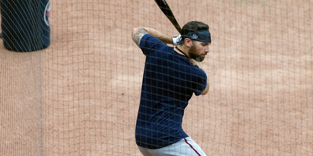 Minnesota Twins third baseman Josh Donaldson takes a practice swing during baseball practice Wednesday, July 8, 2020, in Minneapolis. The baseball team added Donaldson among a couple of potentially high impact players to the team that won 101 games last season. (AP Photo/Jim Mone)