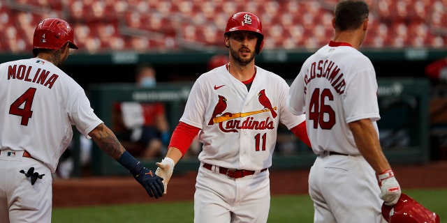 St. Louis Cardinals' Paul DeJong (11) is congratulated by teammates Yadier Molina (4) and Paul Goldschmidt (46) after hitting a two-run home run during an intrasquad practice baseball game at Busch Stadium Thursday, July 9, 2020, in St. Louis. (AP Photo/Jeff Roberson)