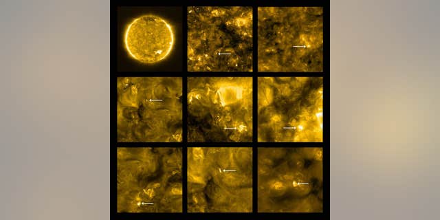 The Solar Orbiter spotted "campfires" on the sun. Locations of campfires are annotated with white arrows.