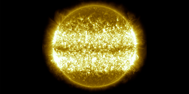 This composite image is made from 151 individual SDO frames. They span the full ten-year run of the time-lapse. (NASA's Goddard Space Flight Center/SDO)