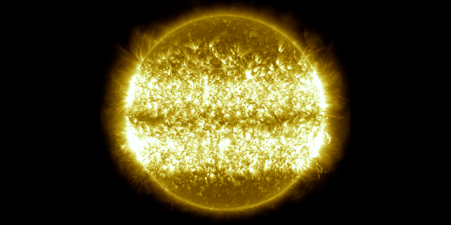 This composite image is made from 151 individual SDO frames. They span the full ten-year run of the time-lapse. (NASA's Goddard Space Flight Center/SDO)