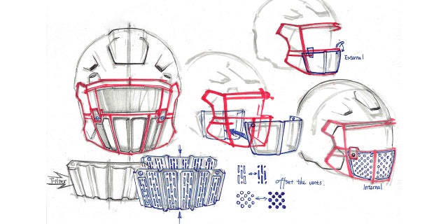 This image provided by Oakley shows sketches of the new face shield designed by Oakley. With NFL training camps set to start at the end of the month, the league believes it is closer to one answer when it comes to player safety in the midst of the coronavirus pandemic. Face shields for the players' helmets. (Oakley via AP)
