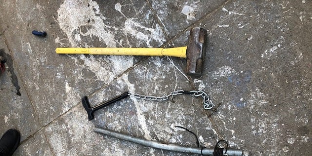 Several weapons, including a sledgehammer, pipe and a chain with a lock were found Thursday during the clean-up of a downtown <a data-cke-saved-href="https://www.foxnews.com/category/us/portland" href="https://www.foxnews.com/category/us/portland">Portland, Ore</a>., park.