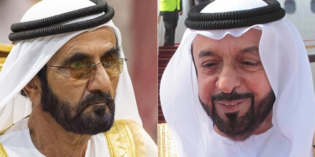 Sheikh Mohammed bin Rashid Al Maktoum is the Vice President and Prime Minister of the United Arab Emirates (left); Khalifa bin Zayed bin Sultan Al Nahyan is the current President of the United Arab Emirates (right)