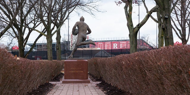 A view of the football player sculpture on the Scarlet Walk at Rutgers University Busch Campus in Piscataway, N.J., in January 2017.
