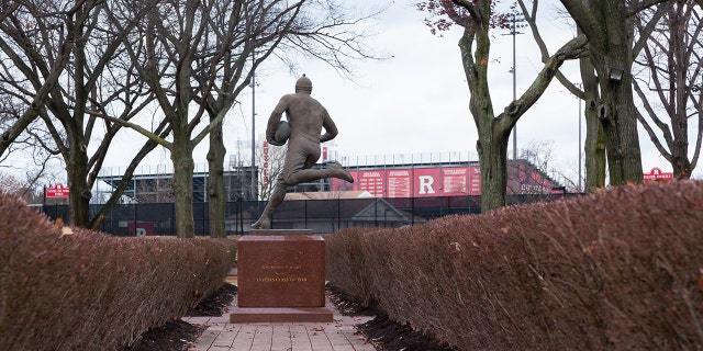 A view of the football player sculpture on the Scarlet Walk at Rutgers University Busch Campus in Piscataway, N.J., in January 2017.