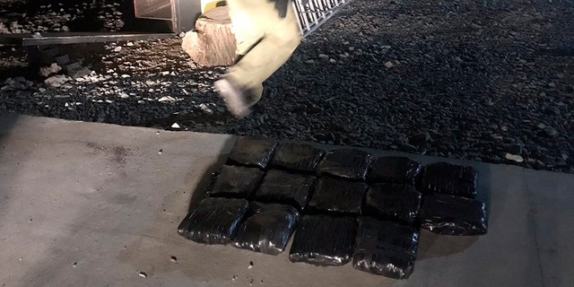 In this handout photo taken in May, 2020, a customs officer walks past bags containing drugs. Authorities in Slovakia say they have seized 1.5 tons of methamphetamines, with an estimated street value of $2.26 billion. (AP Photo/HO Photo by Slovakia's Custom Office)