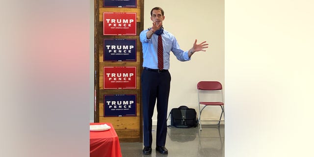 Republican Sen. Tom Cotton of Arkansas headlines a meet and greet with GOP activists at the Trump re-election campaign's New Hampshire headquarters, in Manchester, N.H. on July 31, 2020