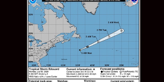 The forecast track of Tropical Storm Edouard.