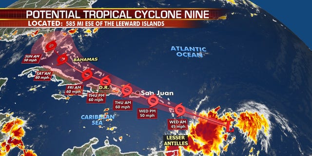 The forecast track of Potential Tropical Cyclone Nine, which would be Tropical Storm Isaias.