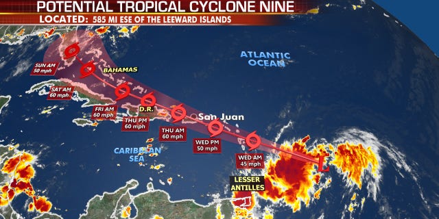 The forecast track of Potential Tropical Cyclone Nine, which would be Tropical Storm Isaias.