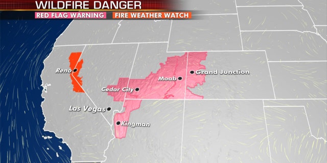 The risk for wildfires stretches across the West on Tuesday, July 14, 2020.