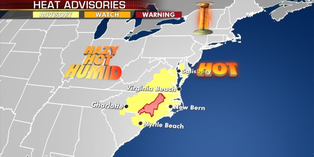 Heat advisories and excessive heat warnings on Tuesday across the Carolinas into the mid-Atlantic.