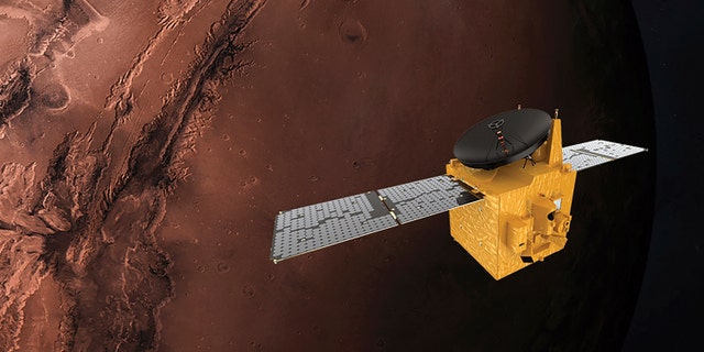 This June 1, 2020, file rendering provided by Mohammed Bin Rashid Space Centre shows the Hope probe.