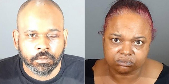 A security guard, Umeir Hawkins (left), shot a man who was not wearing a mask in a supermarket. He has been charged with murder and him and his wife, Sabrina Carter (right) have both been charged with one count each of possession of a handgun by a felon.