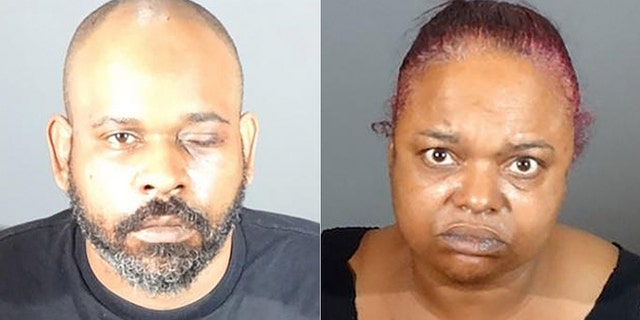 A security guard, Umeir Hawkins (left), shot a man who was not wearing a mask in a supermarket. He has been charged with murder and him and his wife, Sabrina Carter (right) have both been charged with one count each of possession of a handgun by a felon.