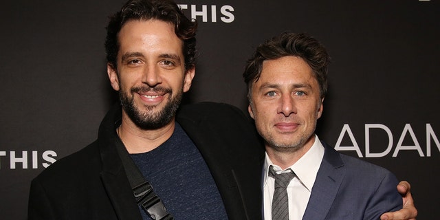 Nick Cordero, left, died at the age of 41 of complications from COVID-19 last July.  He is pictured here with his friend Zach Braff.  (Photo by Walter McBride / FilmMagic)