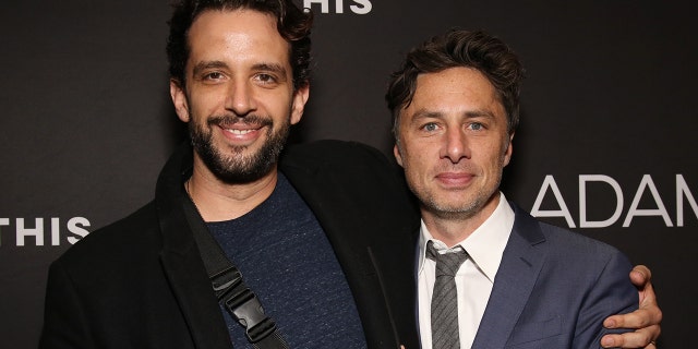 Nick Cordero, left, died at the age of 41 of complications from COVID-19 last July.  He is pictured here with his friend Zach Braff.  (Photo by Walter McBride / FilmMagic)