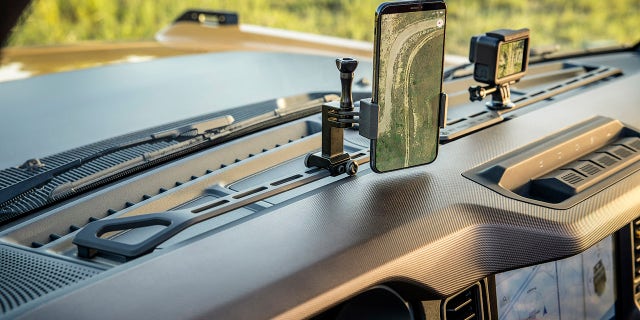 The instrument panel in the 2021 Bronco two- and four-door models is ready for installation of accessories such as a bring-your-own-device rack shown on this prototype. (Prototype interior shown not representative of production vehicle.)