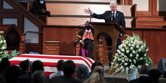 Former President Bill Clinton speaks during the funeral service for the late Rep. John Lewis, D-Ga., at Ebenezer Baptist Church in Atlanta, Thursday, July 30, 2020. (Alyssa Pointer/Atlanta Journal-Constitution via AP, Pool)