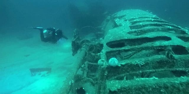 The scenes were photographed by Dive Newquay who took a group to the remains of the U-102 that lies nine nautical miles off the coast of Cornwall. The wreck lies near to two other U-boats and is believed to have been taken out by a deep-trap minefield laid by HMS Apollo during World War II. (Credit: SWNS)