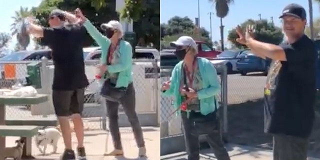 Images from cellphone video show the husband of Ash O'Brien being attacked with pepper spray by a woman at a dog park in San Diego. O'Brien said the woman was angry she and her husband were not wearing coronvirus masks